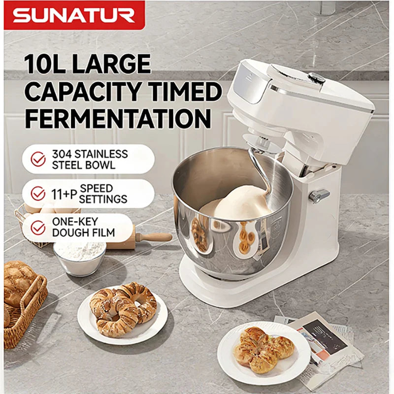 SUNATUR 10L Stand Mixer 2200W, 304 Stainless Steel Bowl, 11+P Speed Batidora, Timed Fermentation Dough Kneader, Egg Beater & Mea