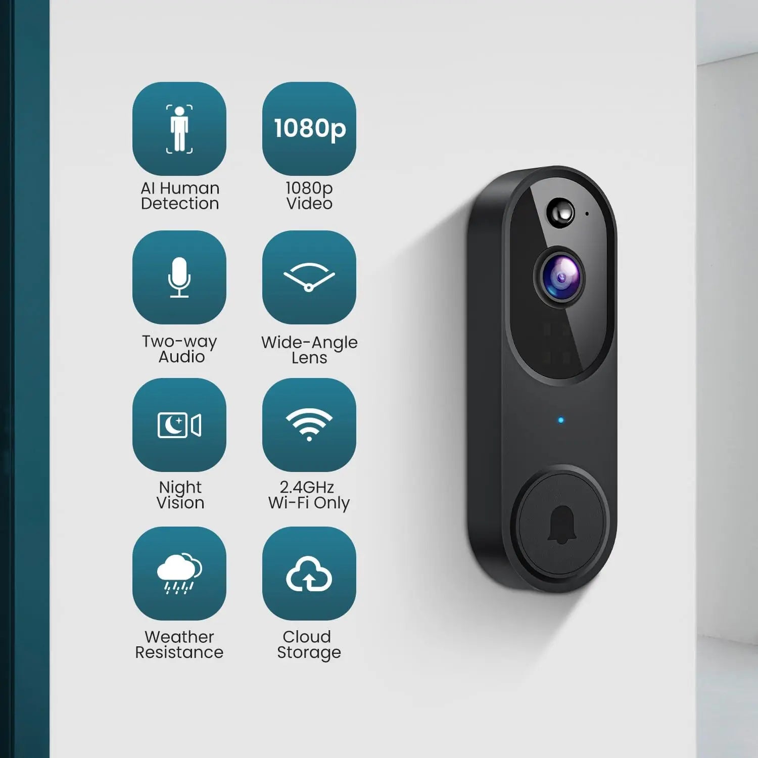 Wireless Video Doorbell Camera with Two-Way Audio, AI Motion Detection, Night Vision, Cloud Storage, 2.4G Wi-Fi