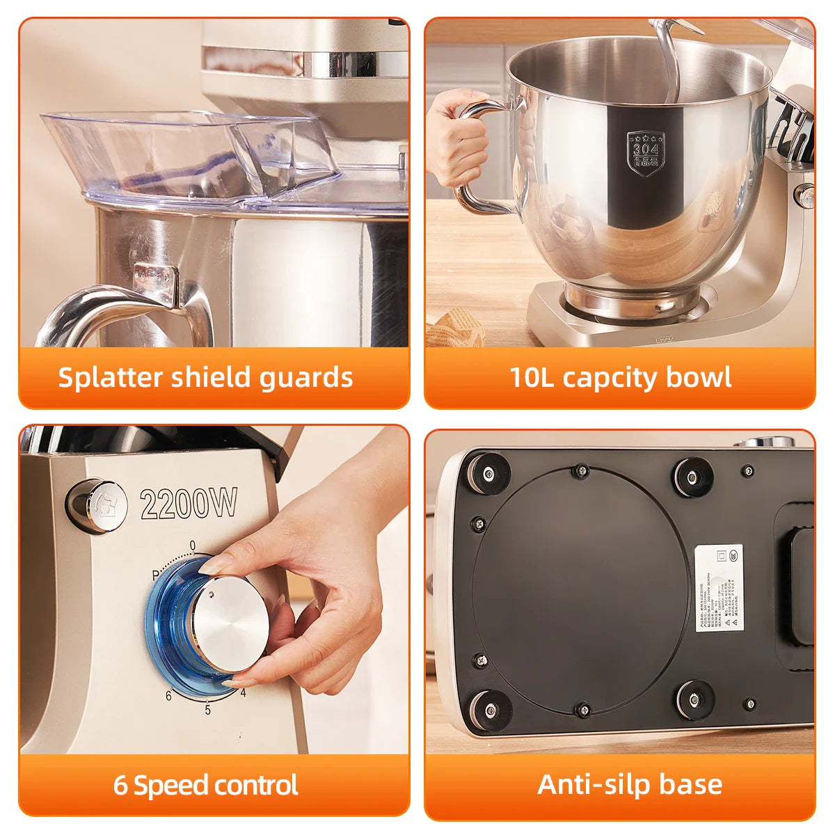 SUNATUR 10L Stand Mixer 2200W Stainless Steel Bowl,6-Speed Timing Fermentation Mixer,1 Year Warranty