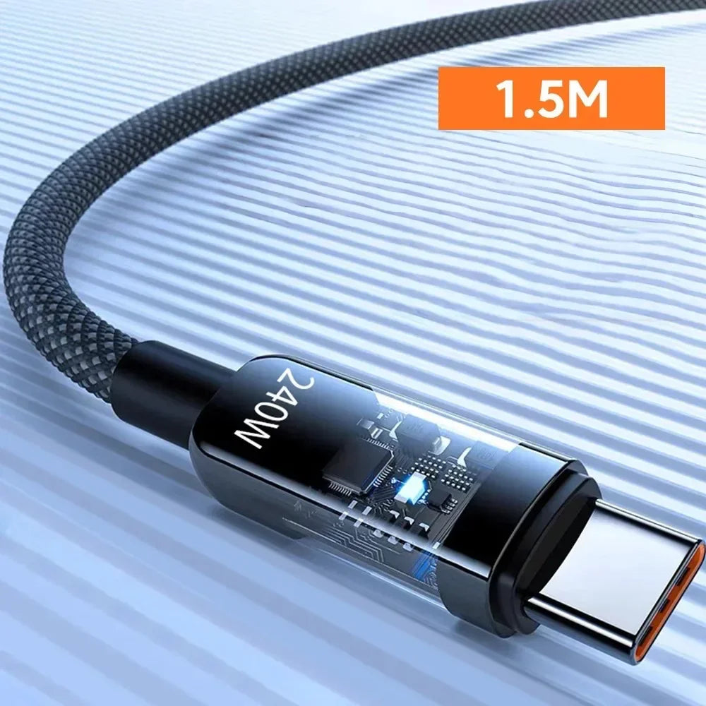 0.25/1/1.5/2M 240W Nylon USB C PD Super Fast Charging Data Cable with LED Digital Display USB To Type C Quick Charge Data Cords