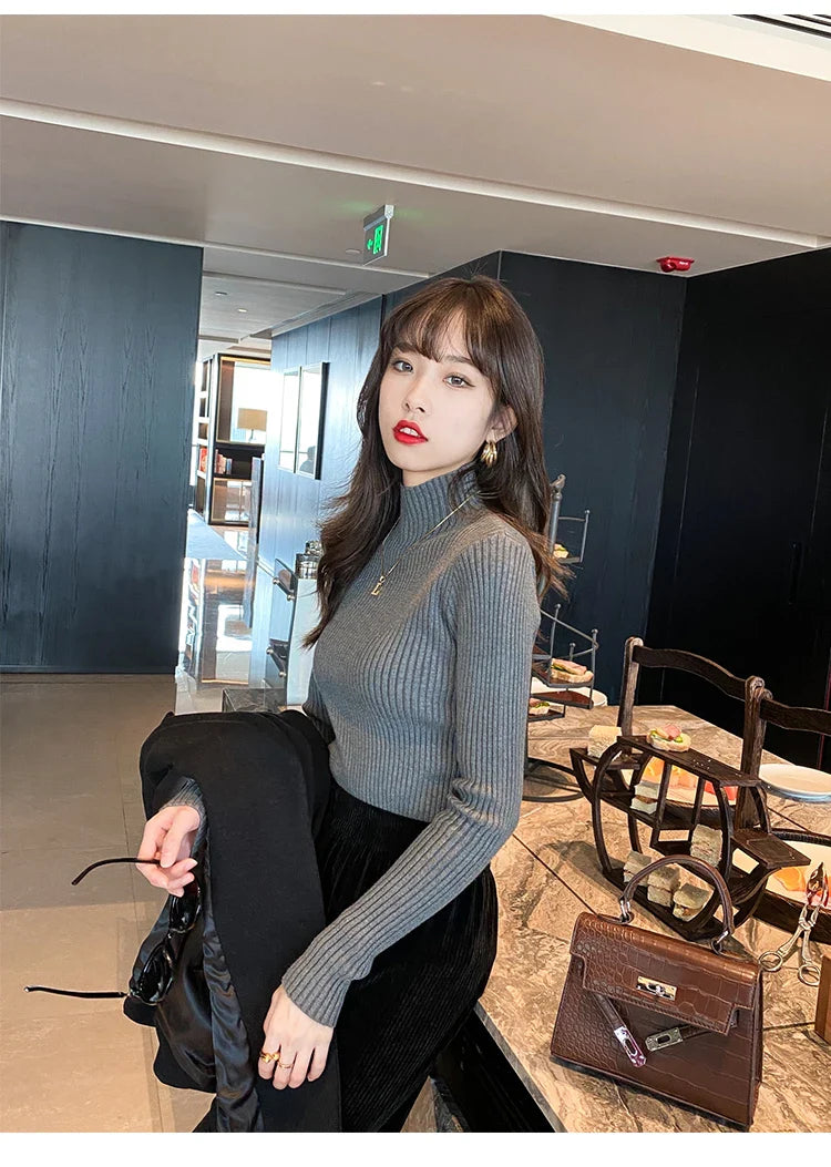 Pullover Long Sleeve Mock Neck Knitted Women Sweater