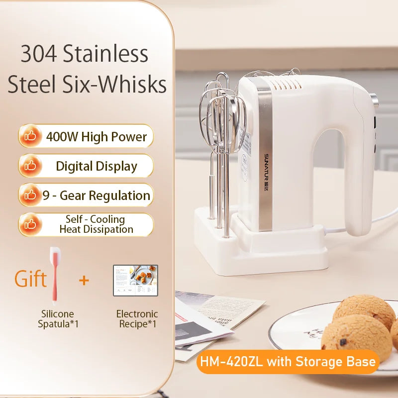 SUNATUR 400W DC Hand Mixer Electric Speed Control 304 Stainless Steel 6 Rods Set with Storage Base