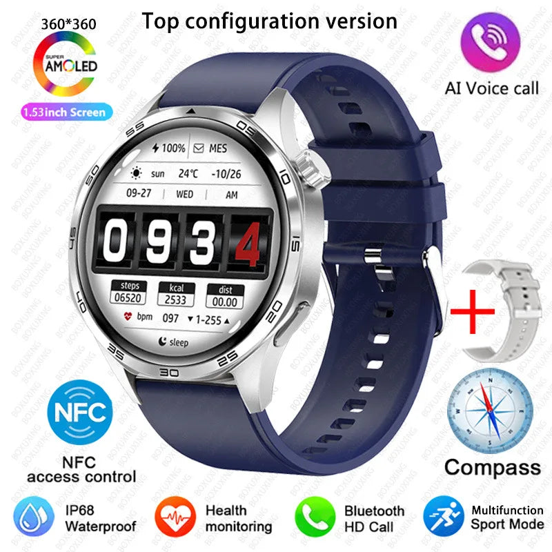 BOXUXING 2026 New Smart Watch Men Watch 5 Pro AMOLED HD Screen Bluetooth Call GPS Trajectory NFC Heart Rate Compass SmartWatches