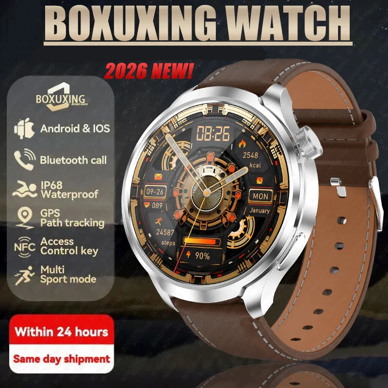2026 New BOXUXING Outdoor Sports Smart Watch Men AMOLED Screen NFC GPS Compass Heart rate Waterproof Bluetooth Call SmartWatch