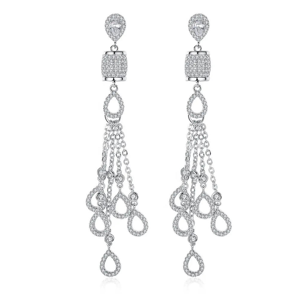 Shimmer Chandelier Earrings - Rhodium Plated 925 Silver Tassel Drop 7.5cm
