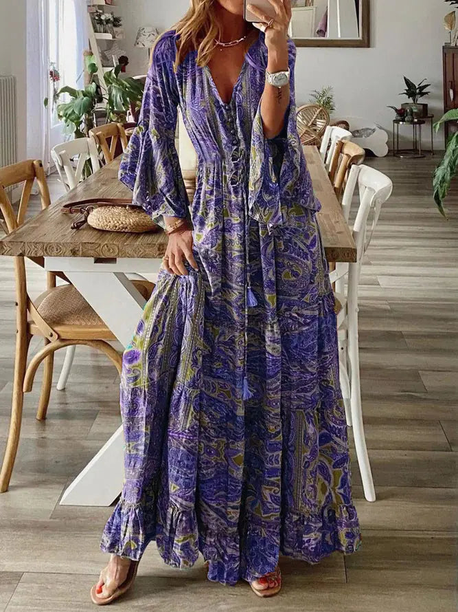 Bohemian Floral Print Maxi Dress with V-Neck