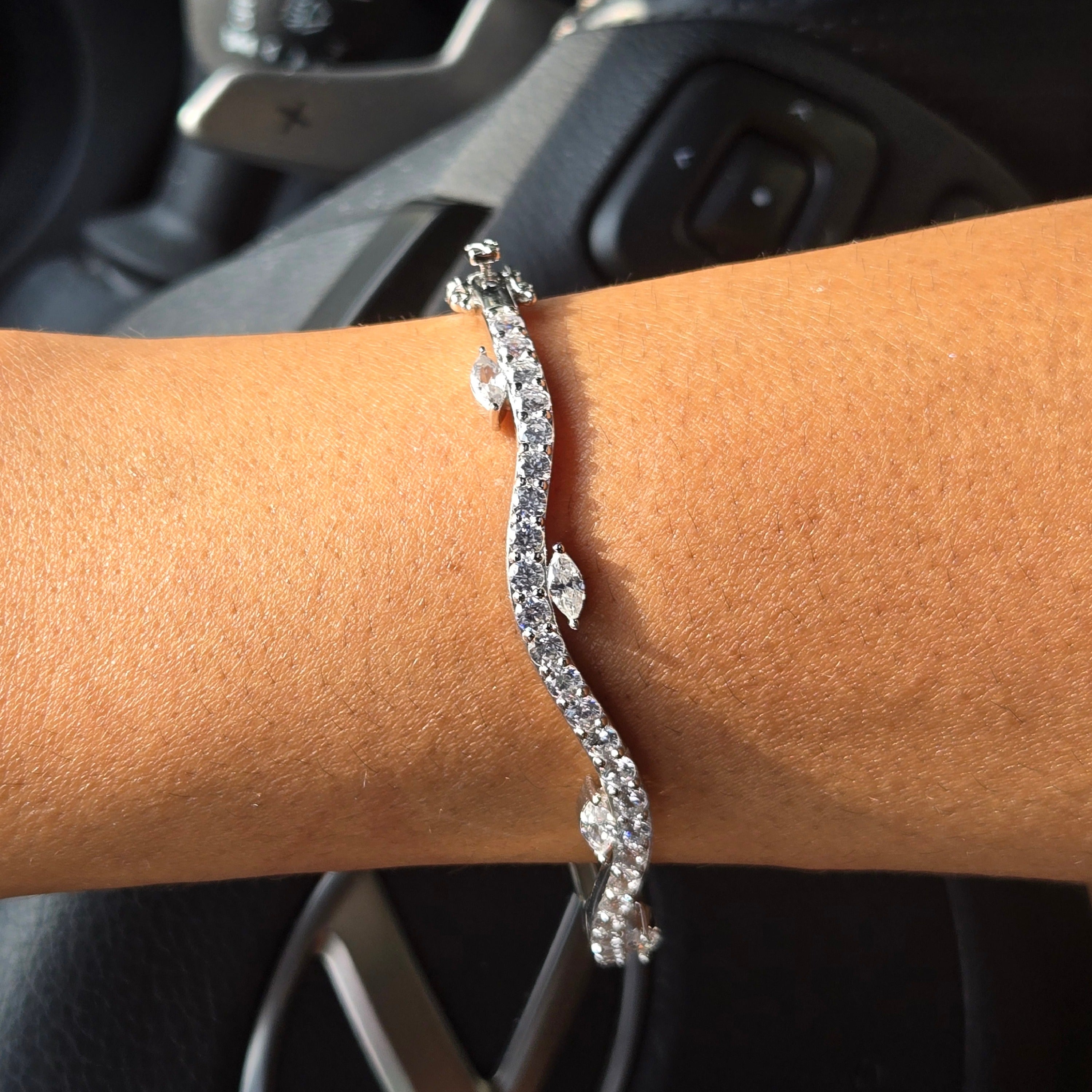 Wave Bracelet - Rhodium Plated Sterling Silver CZ Bangle 60mm