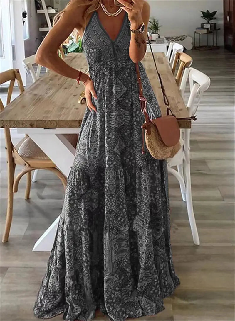 Bohemian High Waisted V-neck Floral Dress