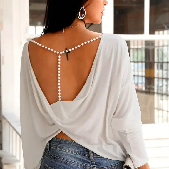 Fashionable Women's Long-Sleeved Backless T-shirt