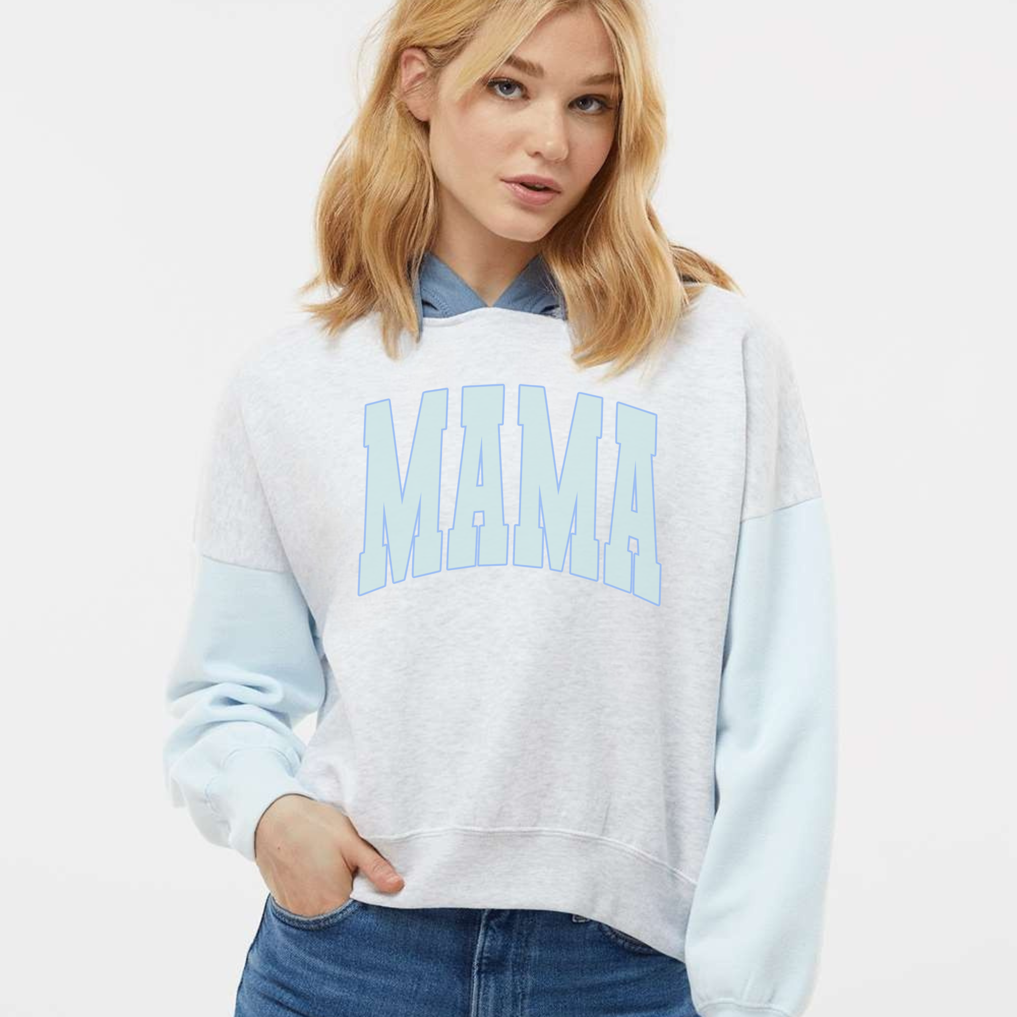 MAMA Colorblock Cropped Hoodie – Soft Sueded Mom Sweatshirt