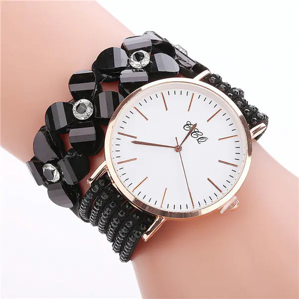 CCQ Women's Circle Bracelet Watch with Floral Crystals