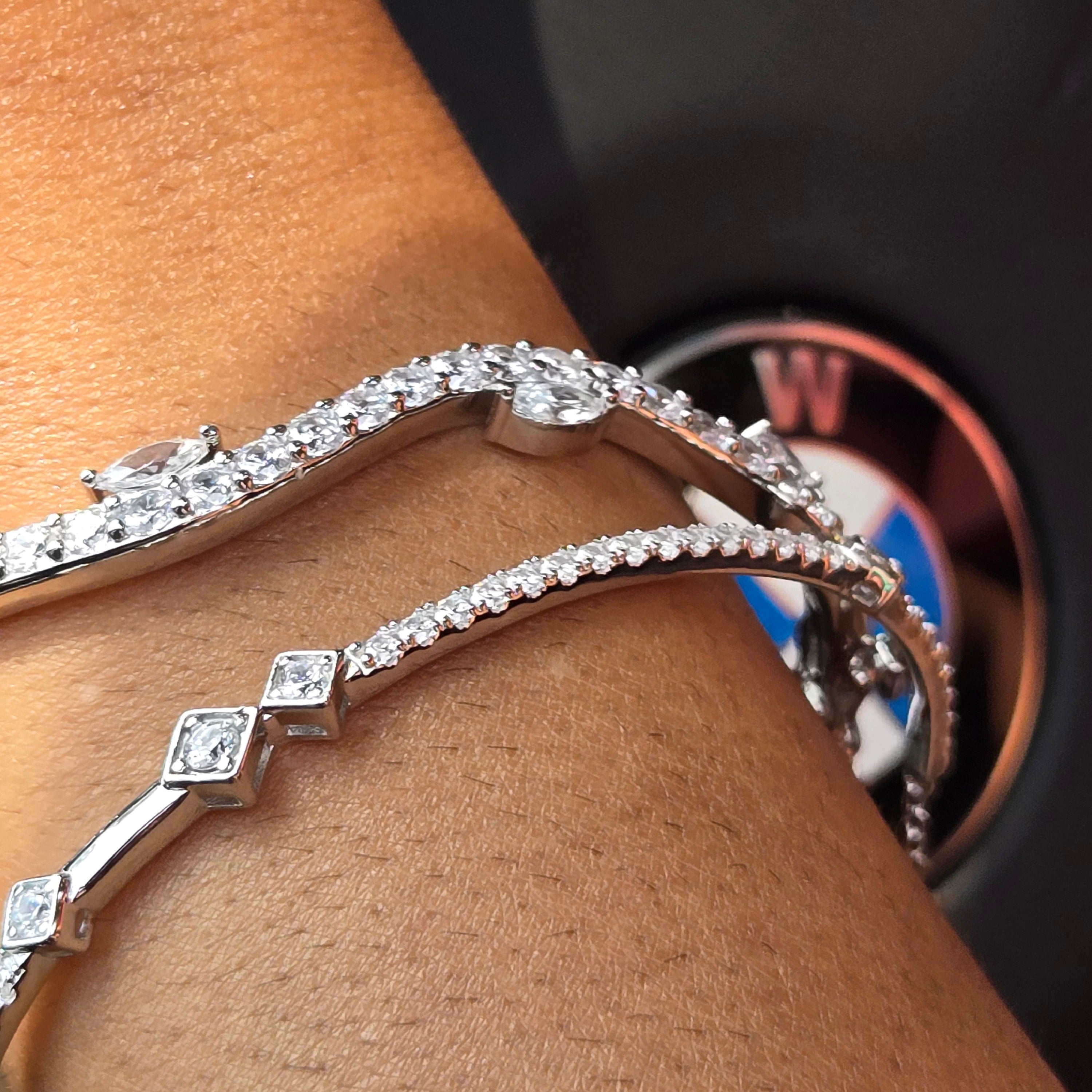 Wave Bracelet - Rhodium Plated Sterling Silver CZ Bangle 60mm