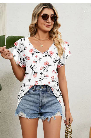 Casual Women's V Neck Ruffle Sleeve T-Shirt Blouse