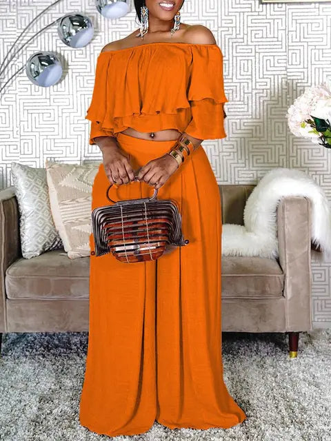 Plus Size 2 Piece Off Shoulder Crop Top & Wide Leg Pants