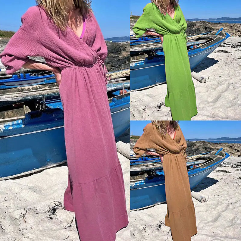 Women's V-neck Long Sleeve Midi Dress