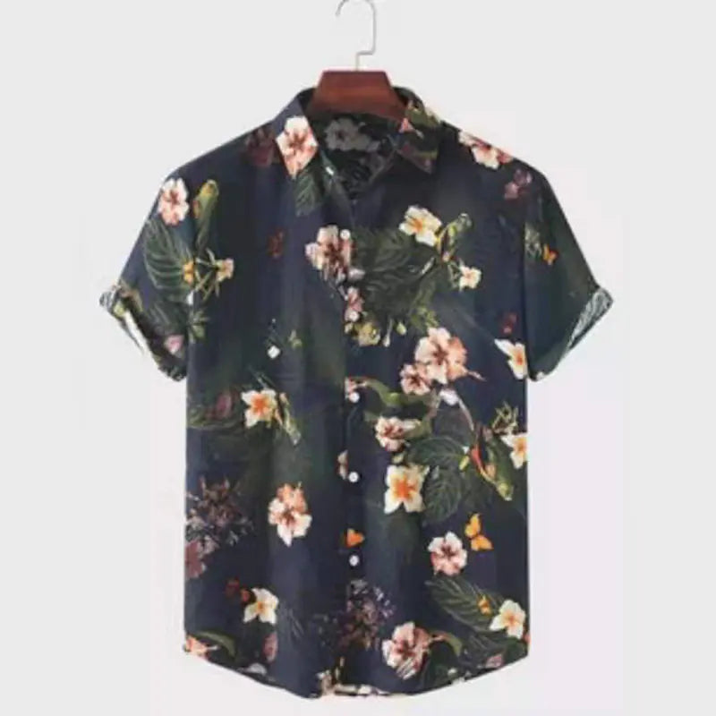 Men's  Floral Print Cotton-Linen Short Sleeve Shirt