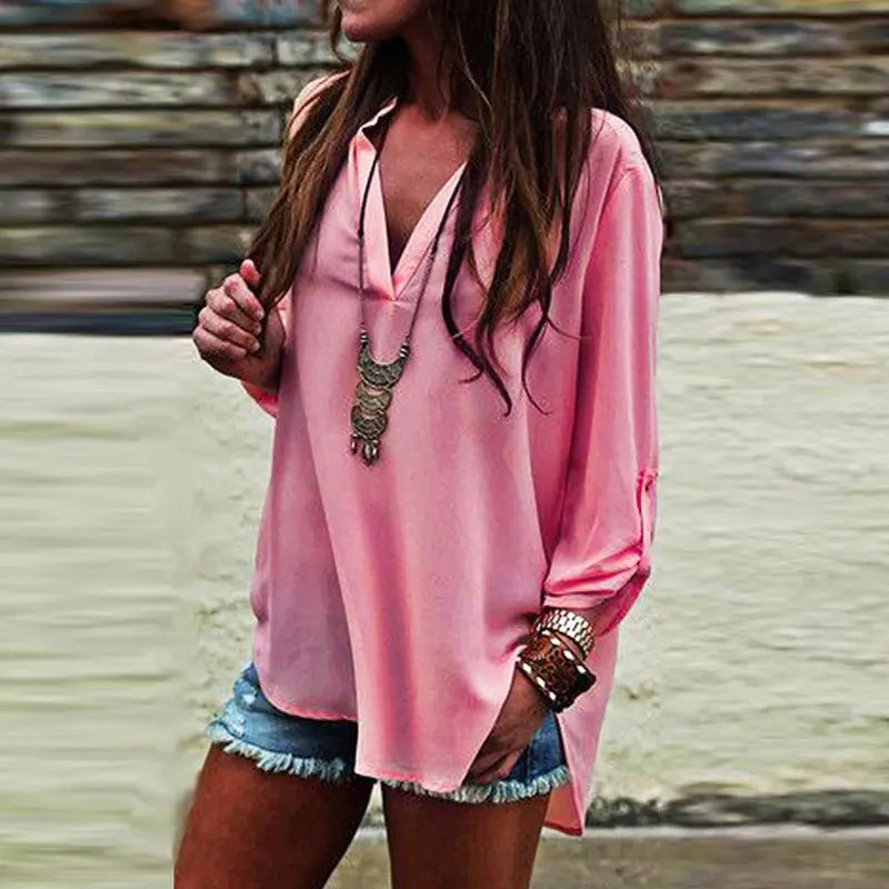 Plus Size Solid V-Neck Irregular Sleeve Blouse