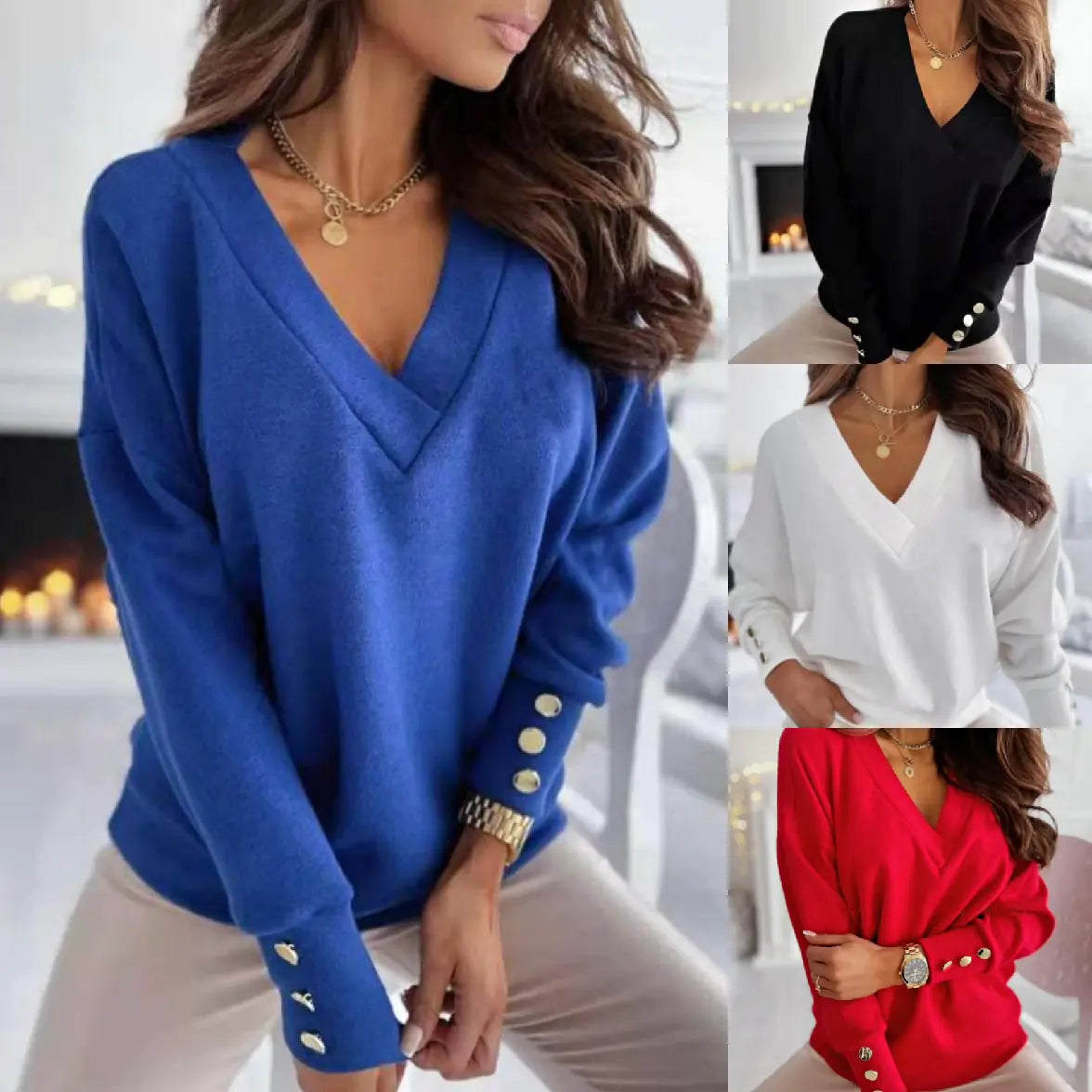 Casual Loose Button V-Neck Long Sleeve Sweatshirt