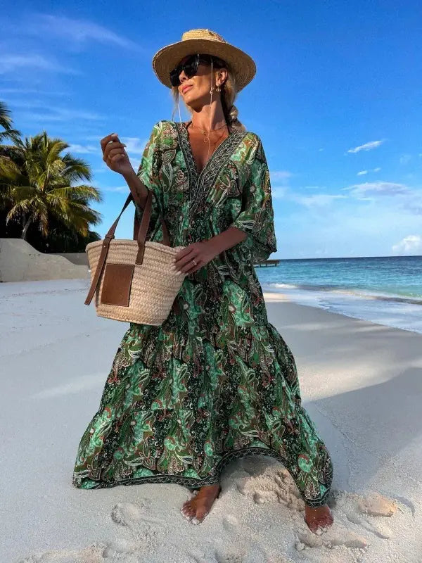 Bohemian Style V-Neck Floral Maxi Dress for Women