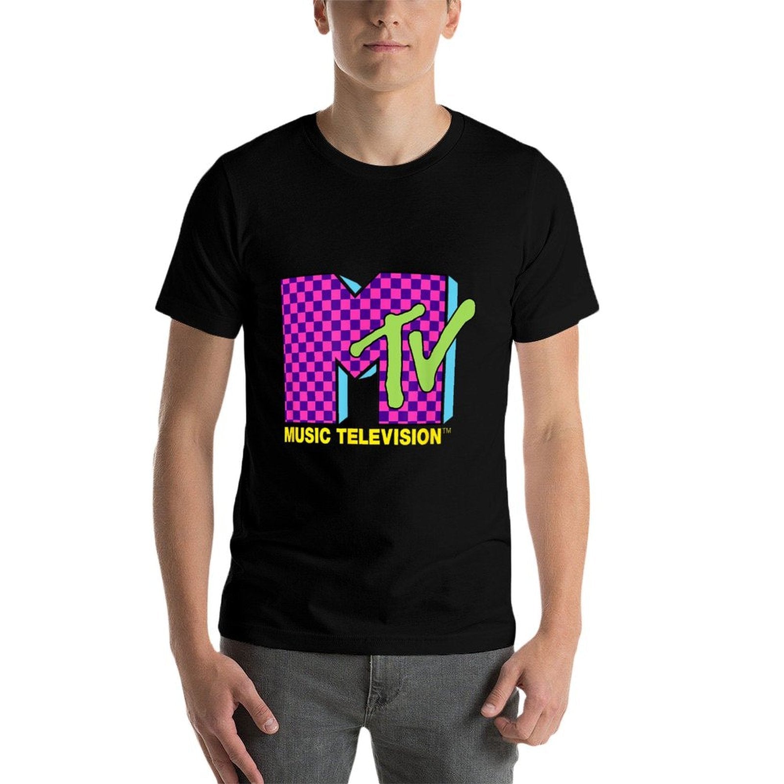 MTV Music Television Retro 80's Neon Pink Checkerboard Logo Comfortable T-Shirt