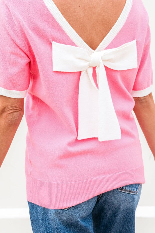 Mercy Bow V-Shape Cut Back Short Sleeve Sweater
