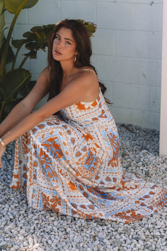 Floral Ricrac Trim Spaghetti Strap Maxi Dress