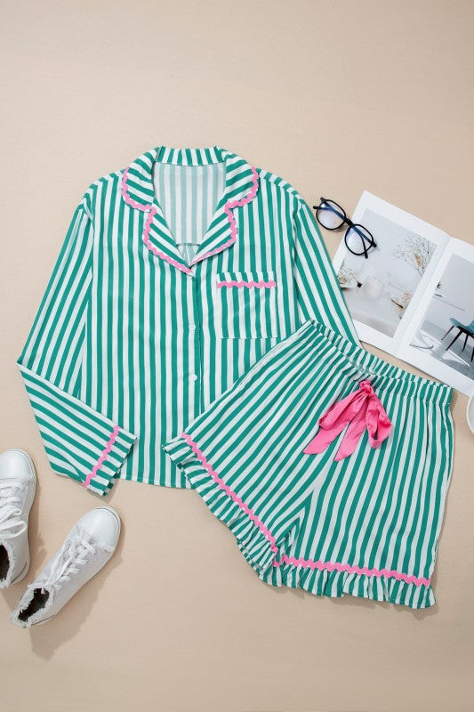 Stripe Ricrac Trim Shirt & Drawstring Shorts Set