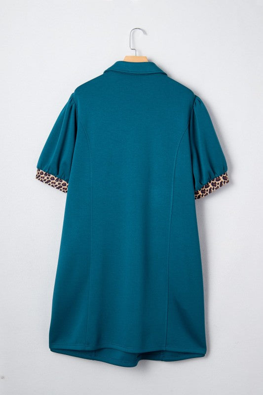 Plus Size Leopard Patchwork Quarter-Zip Collared D