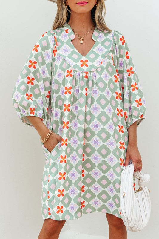 Geometric Floral 3/4 Sleeve Notched Neck Mini Dres