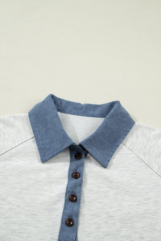 Denim Colorblock Patchwork Shirt Collar Blouse