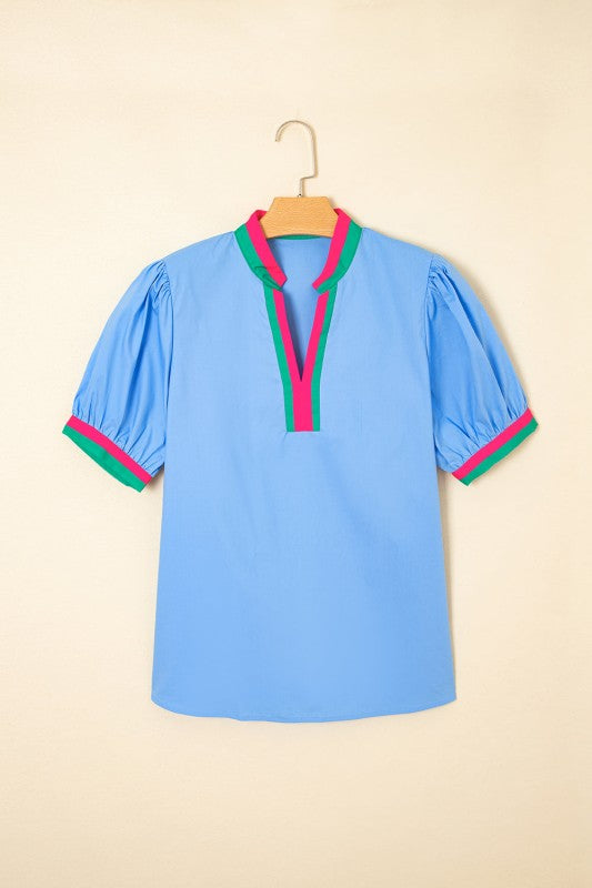 Contrast Stripe V-Neck Short Puff Sleeve Blouse