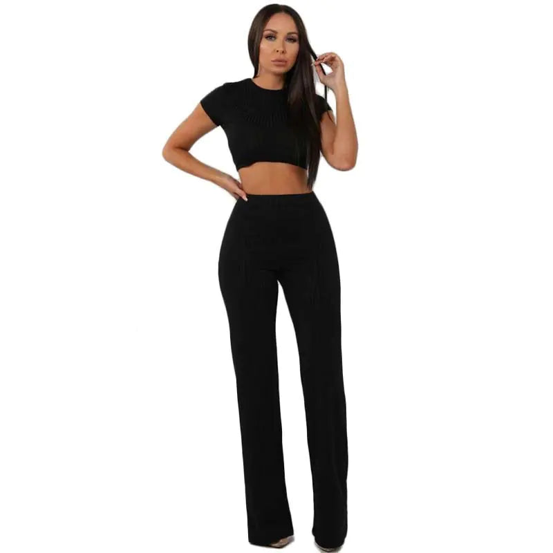 High Elastic Cotton Wide Leg Pants Two-Piece Set