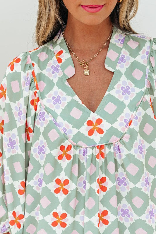 Geometric Floral 3/4 Sleeve Notched Neck Mini Dres
