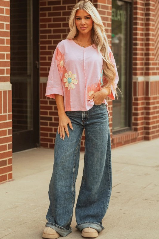 Flower Patch Exposed Seam Bracelet Sleeve T-Shirt