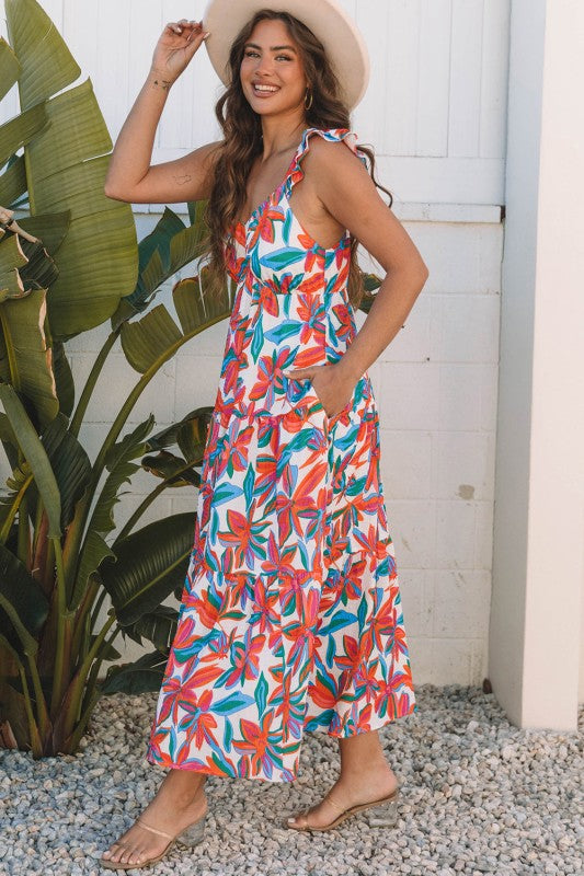 Floral Boho Ruffle Strap V-Neck Maxi Dress