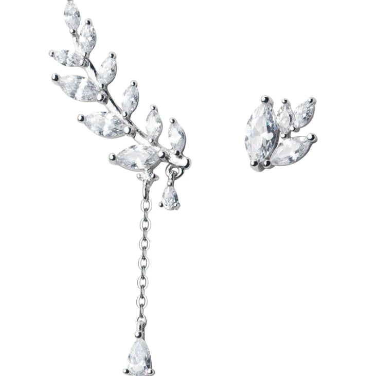 925 Silver Asymmetrical Earrings with Diamond Leaves
