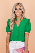 Colorblock Trim V-Neck Short Sleeve Blouse