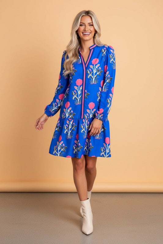 Floral Contrast Stripe Trim Notch Neck Dress