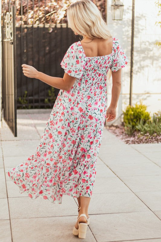Floral Puff Sleeve Empire Waist Tiered Dress