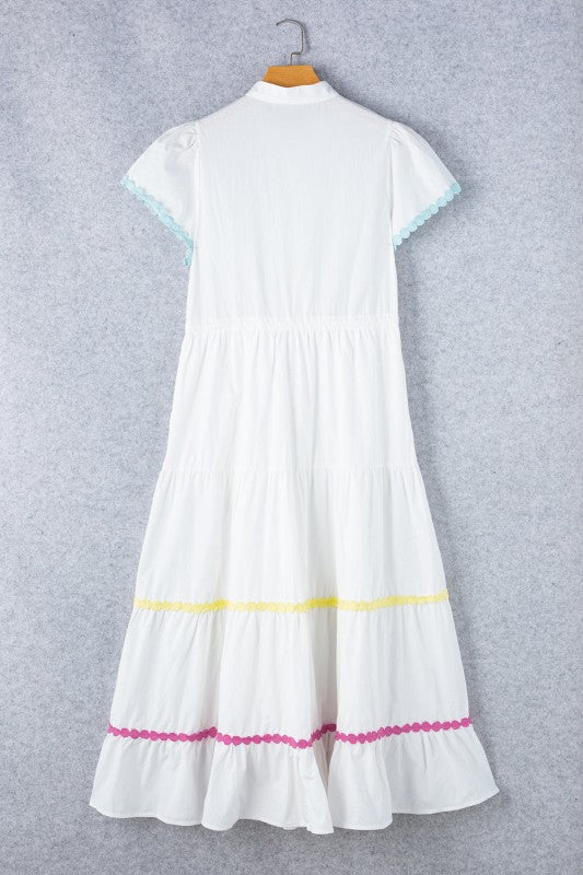 Colorblock Ricrac Trim Drawstring Waist Dress