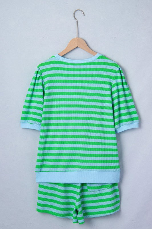 Stripe Puff Sleeve Shirt and Drawstring Shorts Set