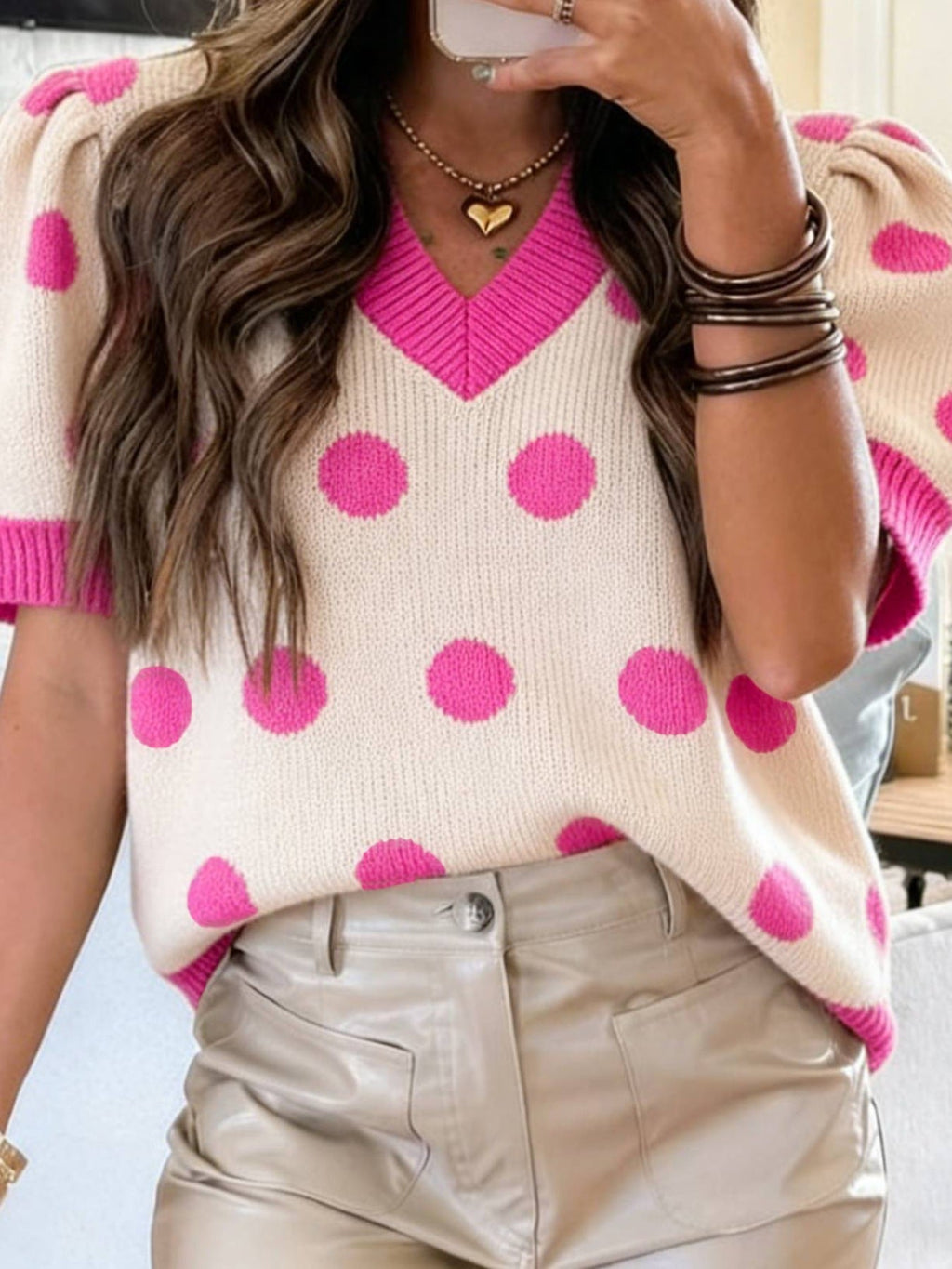 Polka Dot Puff Short Sleeve Sweater Top
