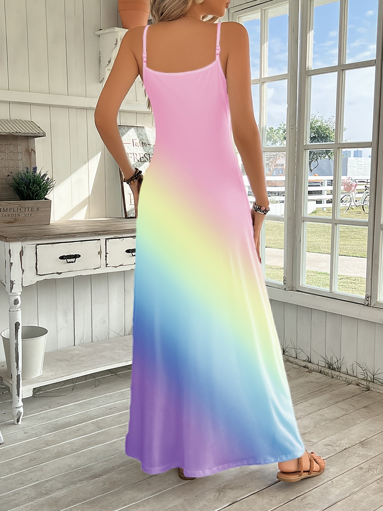 Comfort  Style V-Neck Rainbow Gradient Maxi Dress