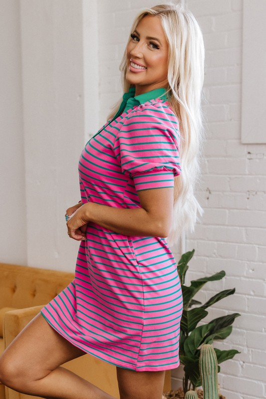 Stripe Collared V-Neck Puff Sleeve T-Shirt Dress