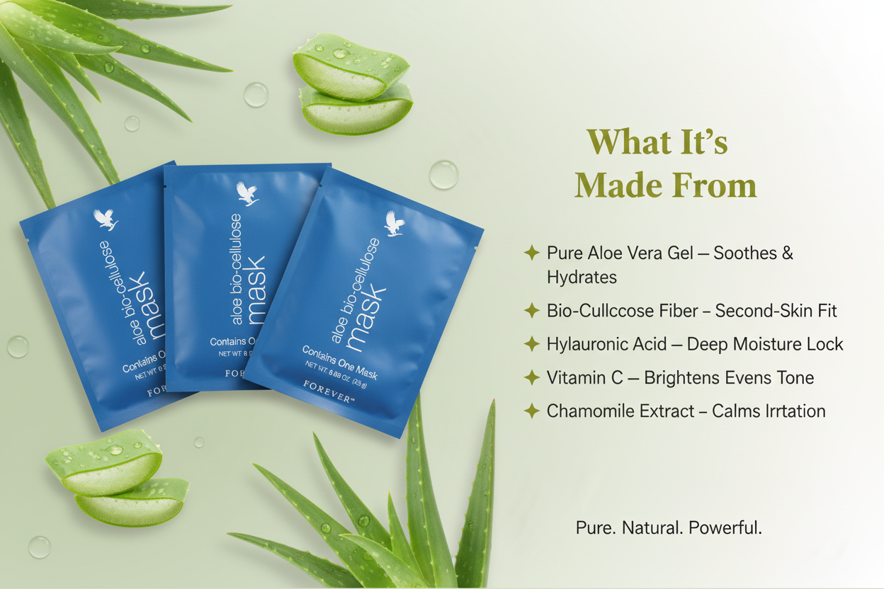 Forever’s own aloe vera is woven into the fibers of aloe bio-cellulose mask, which fits every contour of the face and allows the serum to absorb more deeply to help moisturize and improve the appearance of fine lines and wrinkles.