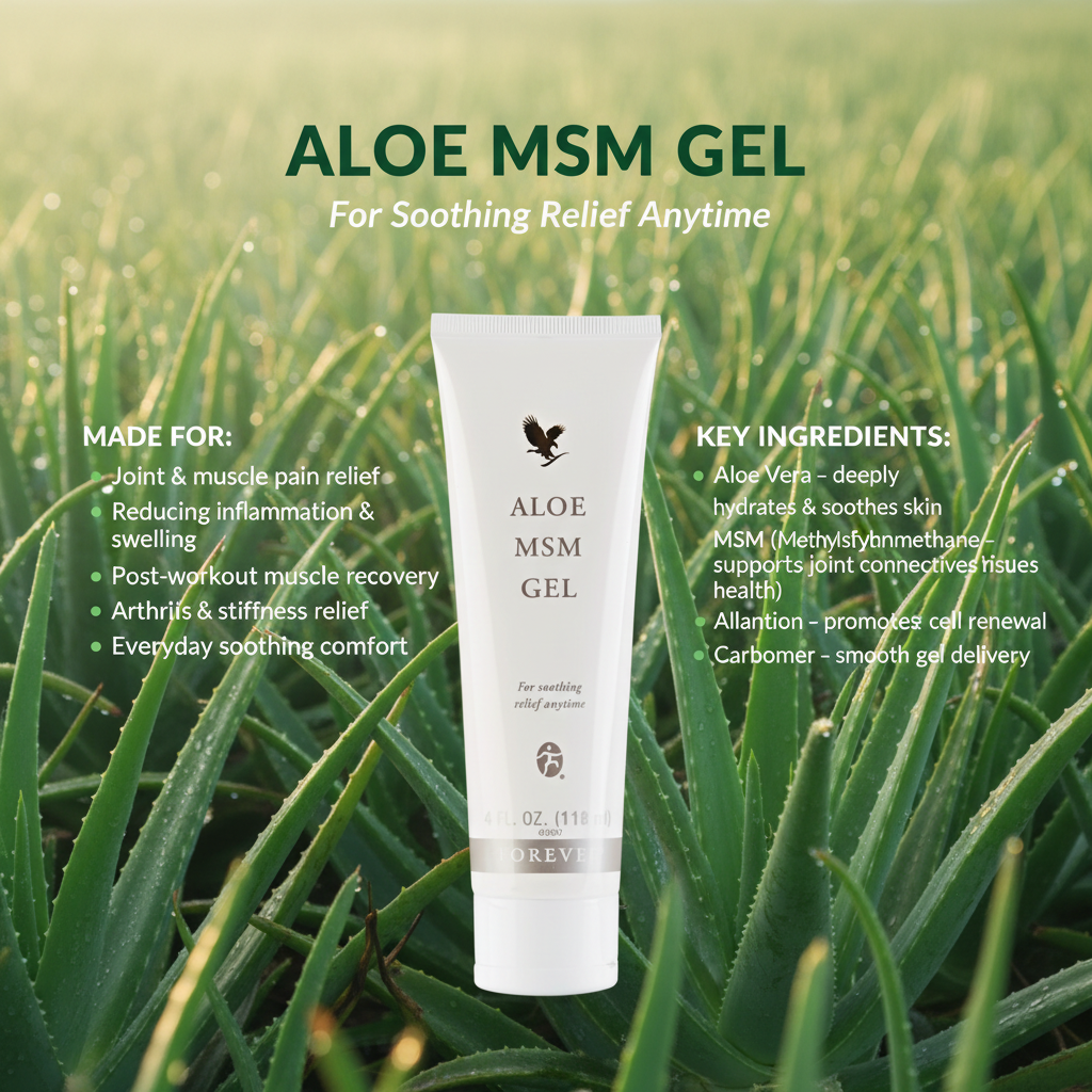 MSM Gel combines pure inner-leaf aloe vera with an organic sulfur compound known as MSM the third-highest mineral in our body It's easy to apply but hard to put down once you’ve felt the soothing relief from dry skin