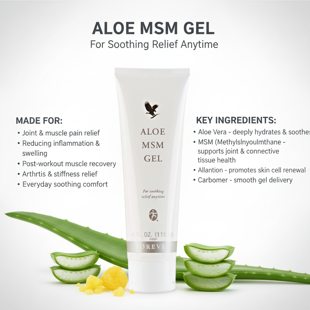 MSM Gel combines pure inner-leaf aloe vera with an organic sulfur compound known as MSM the third-highest mineral in our body It's easy to apply but hard to put down once you’ve felt the soothing relief from dry skin