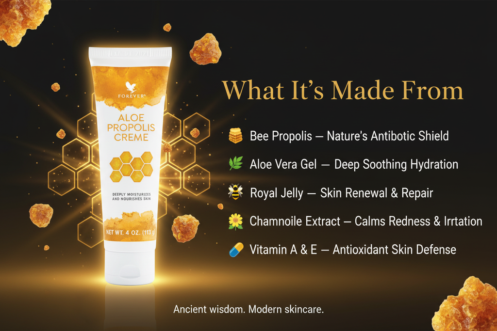 Aloe Propolis Creme combines pure inner leaf aloe vera gel and bee propolis Vitamins A E and C work to nourish and moisturize the skin