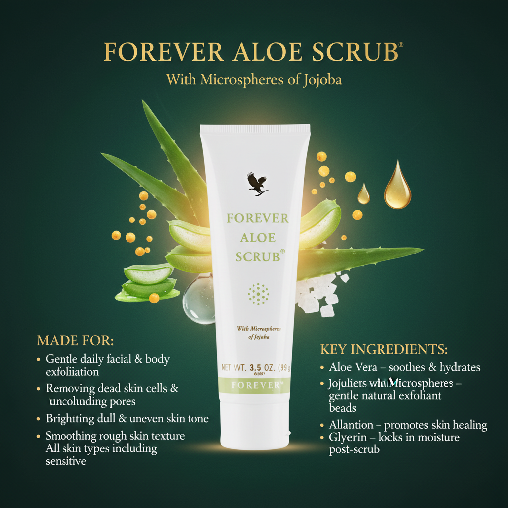 Unlike other scrubs that use sharp harsh ingredients Forever Aloe Scrub® uses microspheres of jojoba for a gentle cleansing experience As they roll these jojoba spheres pick up dead skin cells and clear the way for fresh newer skin below