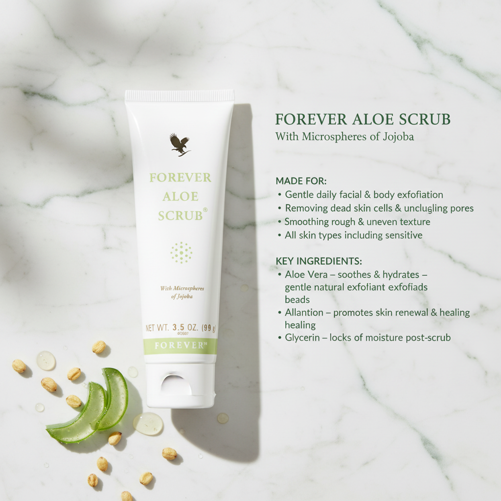 Unlike other scrubs that use sharp harsh ingredients Forever Aloe Scrub® uses microspheres of jojoba for a gentle cleansing experience As they roll these jojoba spheres pick up dead skin cells and clear the way for fresh newer skin below